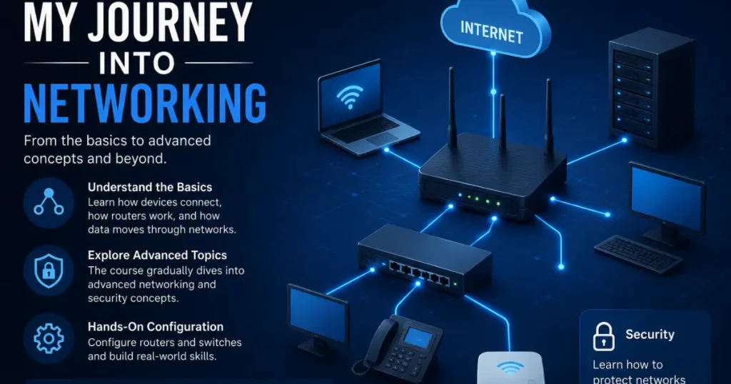 Illustration for cisco networking courses showing routers, switches, connected devices, network security systems, and advanced networking concepts in a modern digital setup.